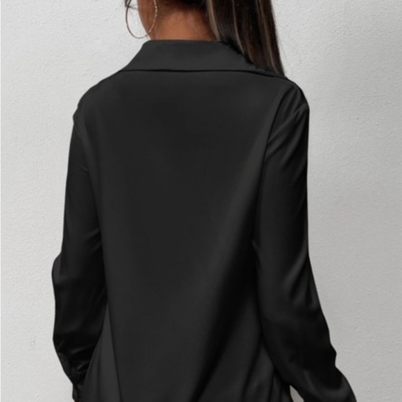 Twist Front Black Office Shirt Long Sleeve Collar Neckline V-Neck - Picture 3 of 7